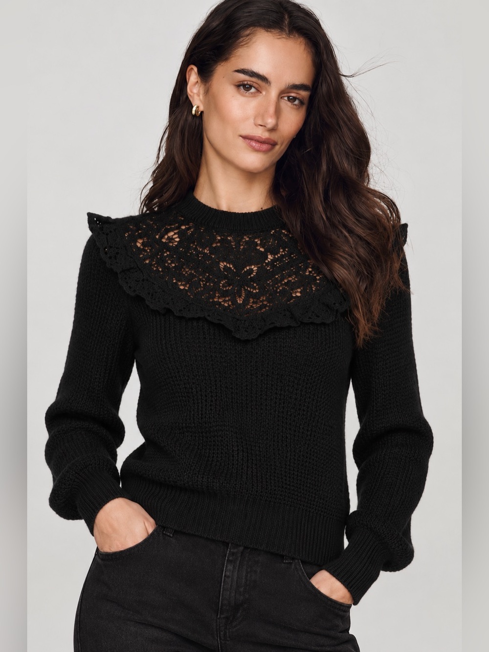 NWT Antonio Melani x Jennifer Sumko Woven Yarn Ruffle Lace Mock Neck Sweater